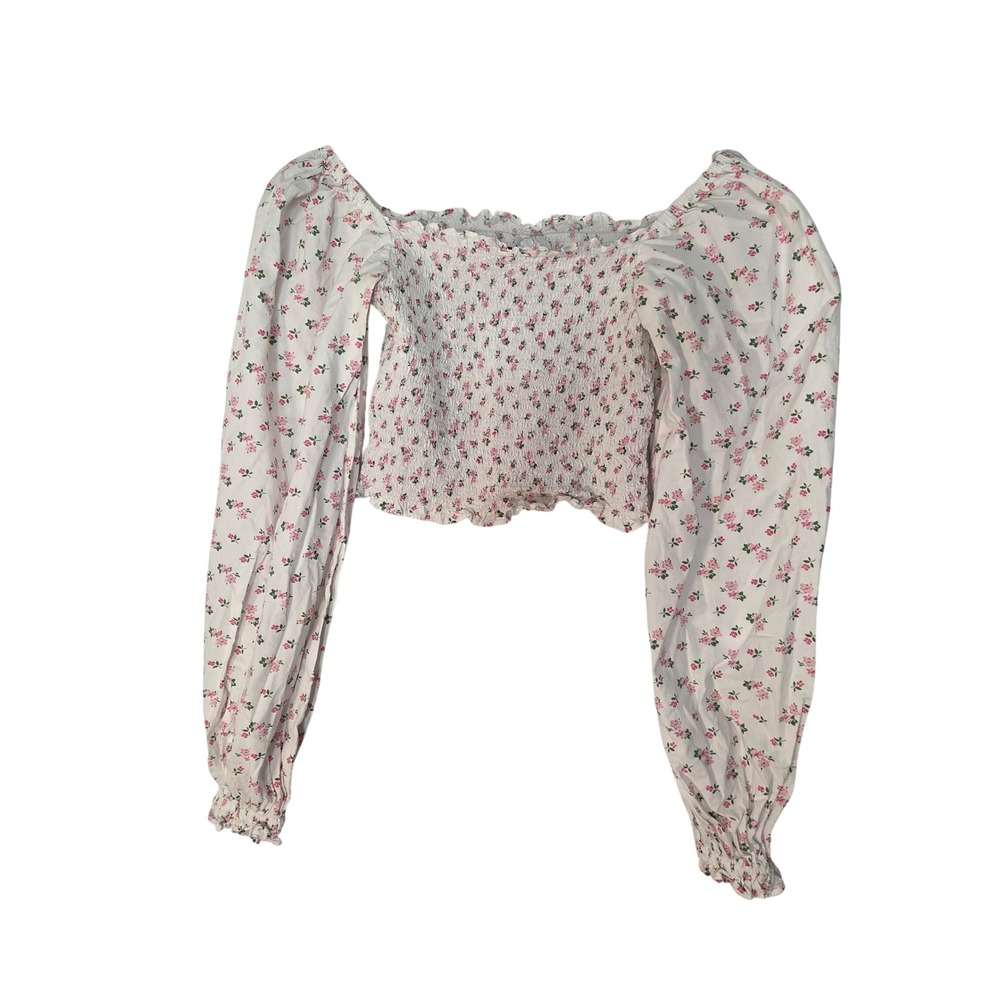TOPSHOP Tall Smocked Floral Puff Sleeve Square Neck Crop Top White Pink sz 6
